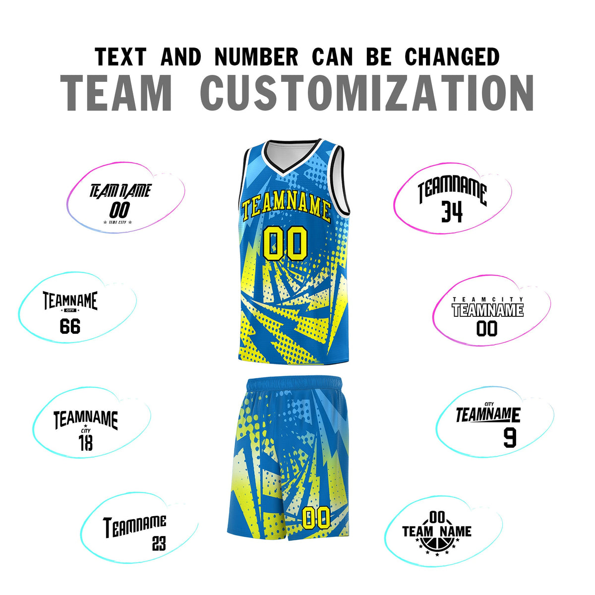 Custom Youth Basketball Jerseys Light Blue Fluorescent Yellow Lightning Design Halftone Personalized Uniforms