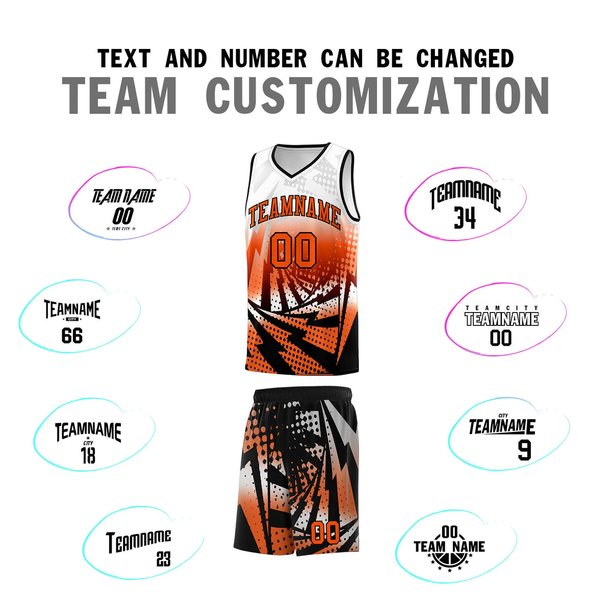 Custom Youth Basketball Jerseys White Orange Lightning Halftone Personalized Team Uniforms