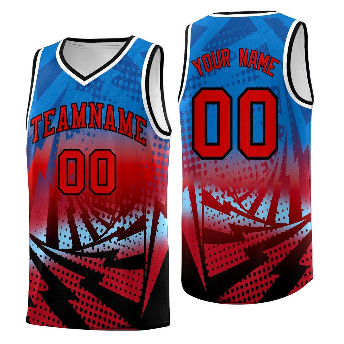 Custom Youth Basketball Jerseys Royal Red Lightning Design Halftone Personalized Uniforms
