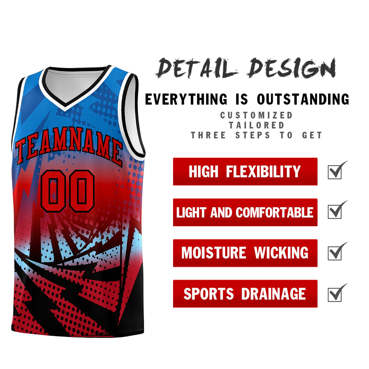 Custom Youth Basketball Jerseys Royal Red Lightning Design Halftone Personalized Uniforms