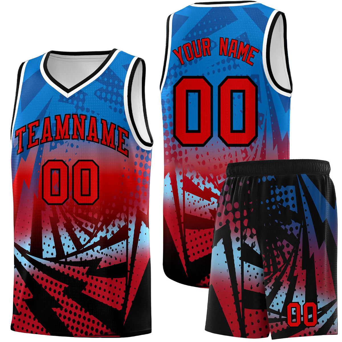Custom Youth Basketball Jerseys Royal Red Lightning Design Halftone Personalized Uniforms