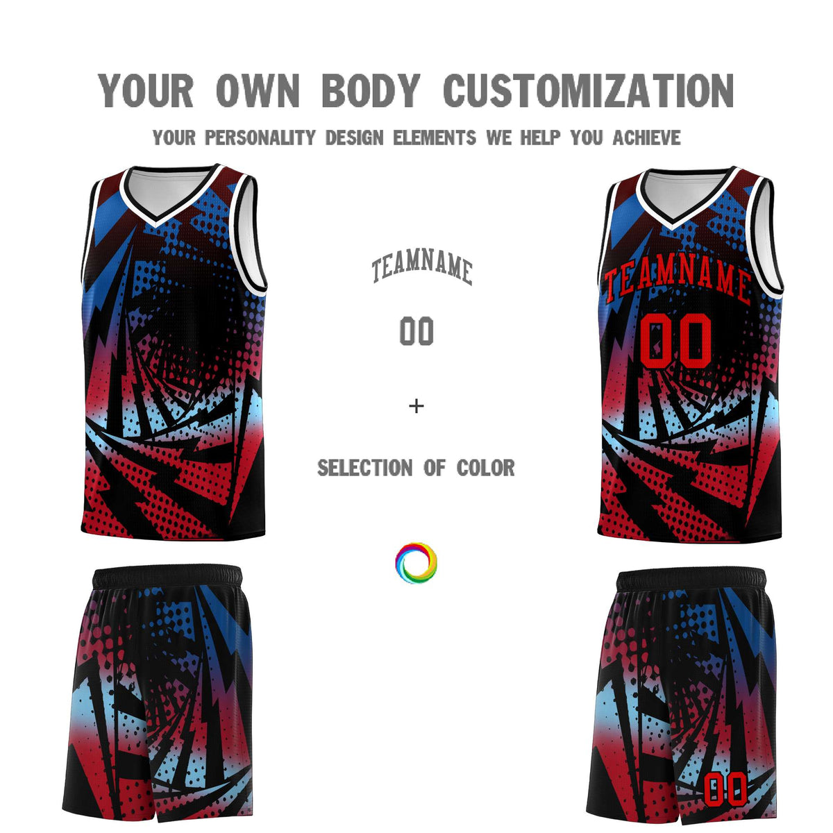 Custom Youth Basketball Jerseys Royal Red Lightning Design Halftone Personalized Uniforms