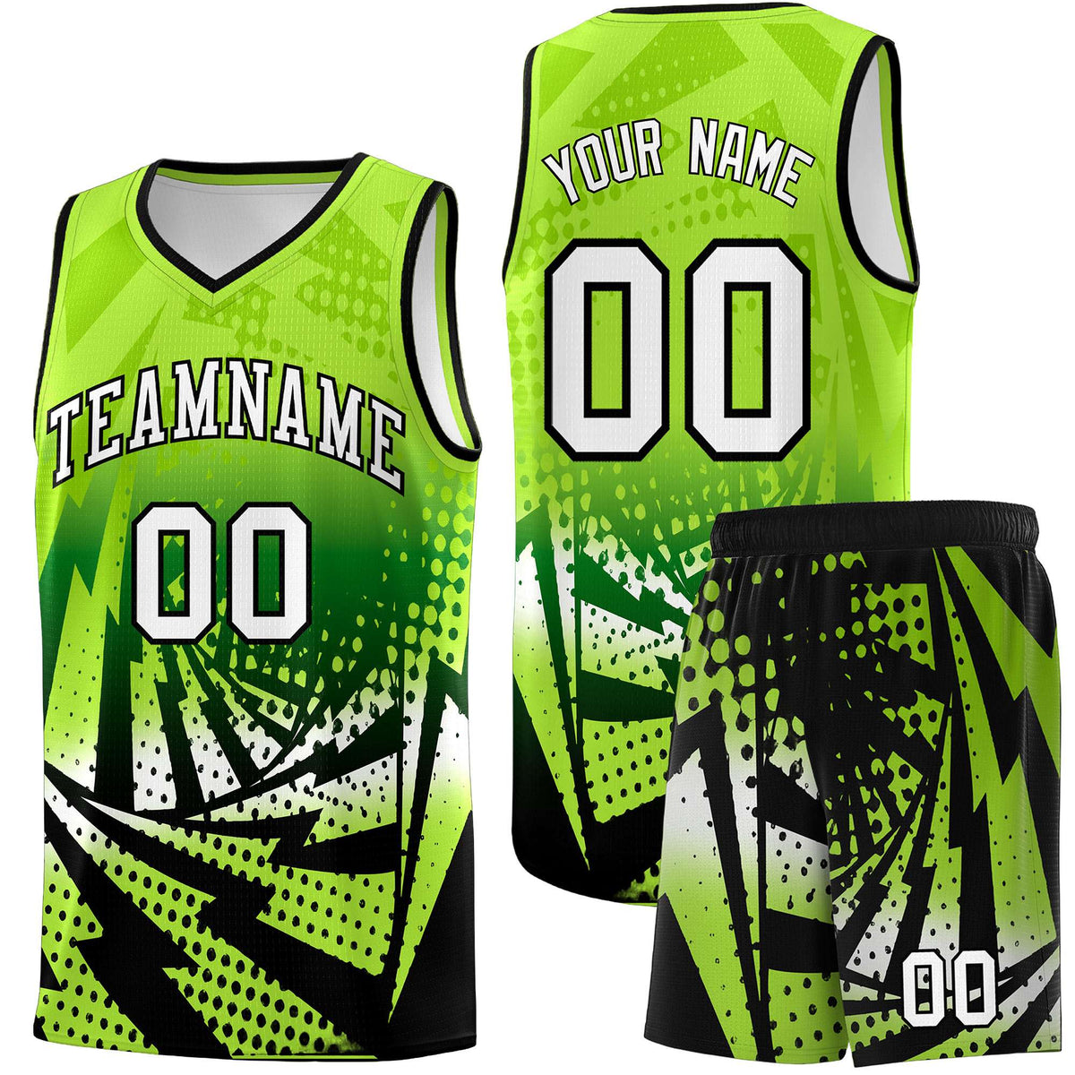 Custom Youth Basketball Jerseys Neon Green Black Lightning Halftone Personalized Team Uniforms