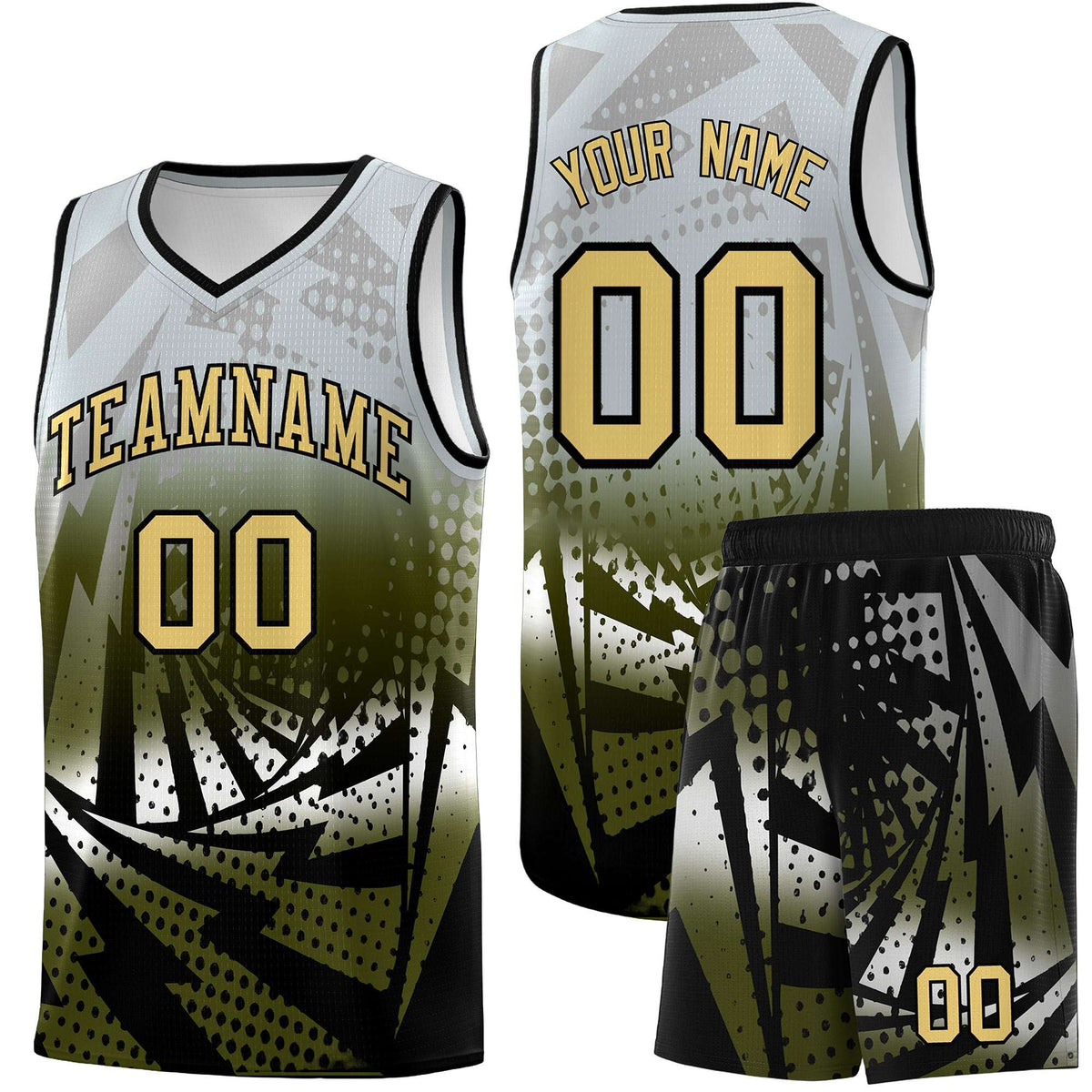 Custom Youth Basketball Jerseys Silver Gray Olive Lightning Design Halftone Personalized Uniforms