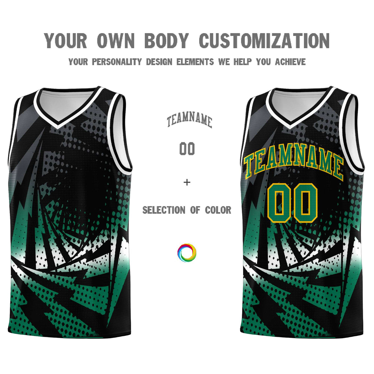 Custom Youth Basketball Jerseys Black Kelly Green Lightning Design Halftone Personalized Uniforms