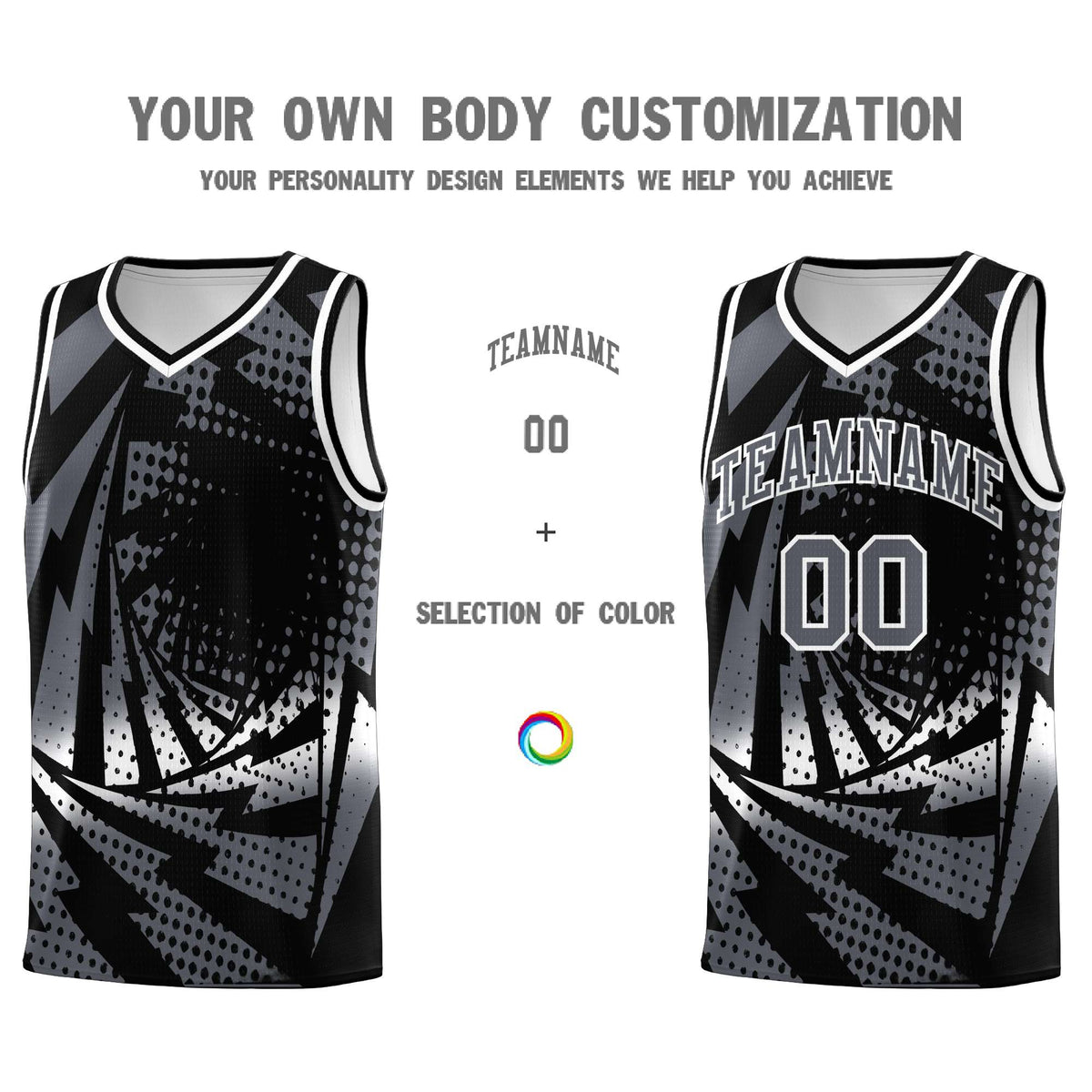 Custom Youth Basketball Jerseys Black Dark Gray Lightning Design Halftone Personalized Uniforms
