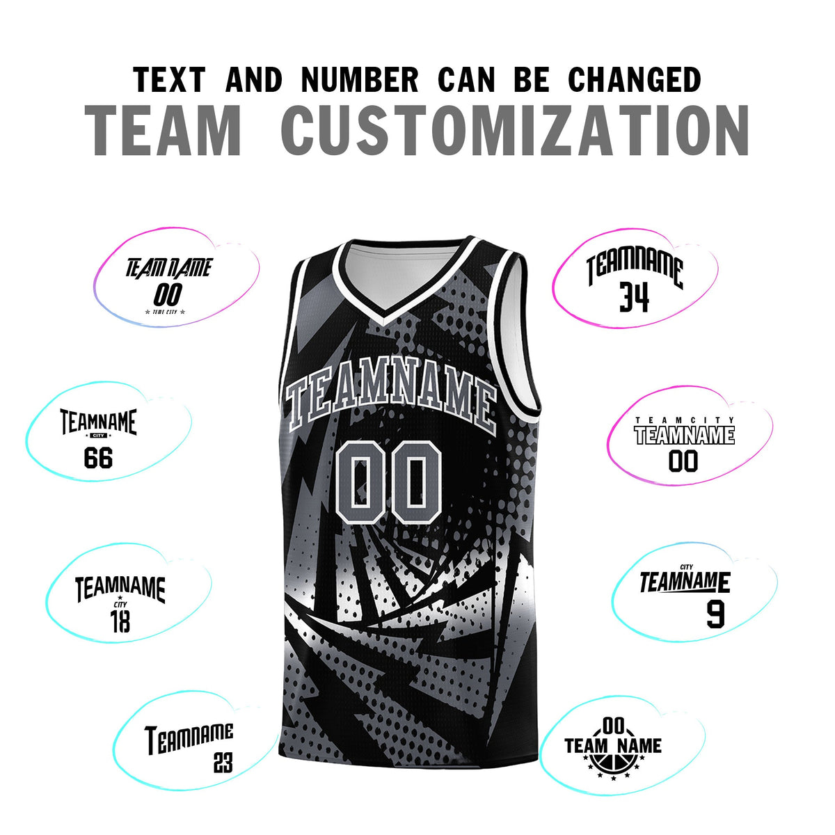 Custom Youth Basketball Jerseys Black Dark Gray Lightning Design Halftone Personalized Uniforms