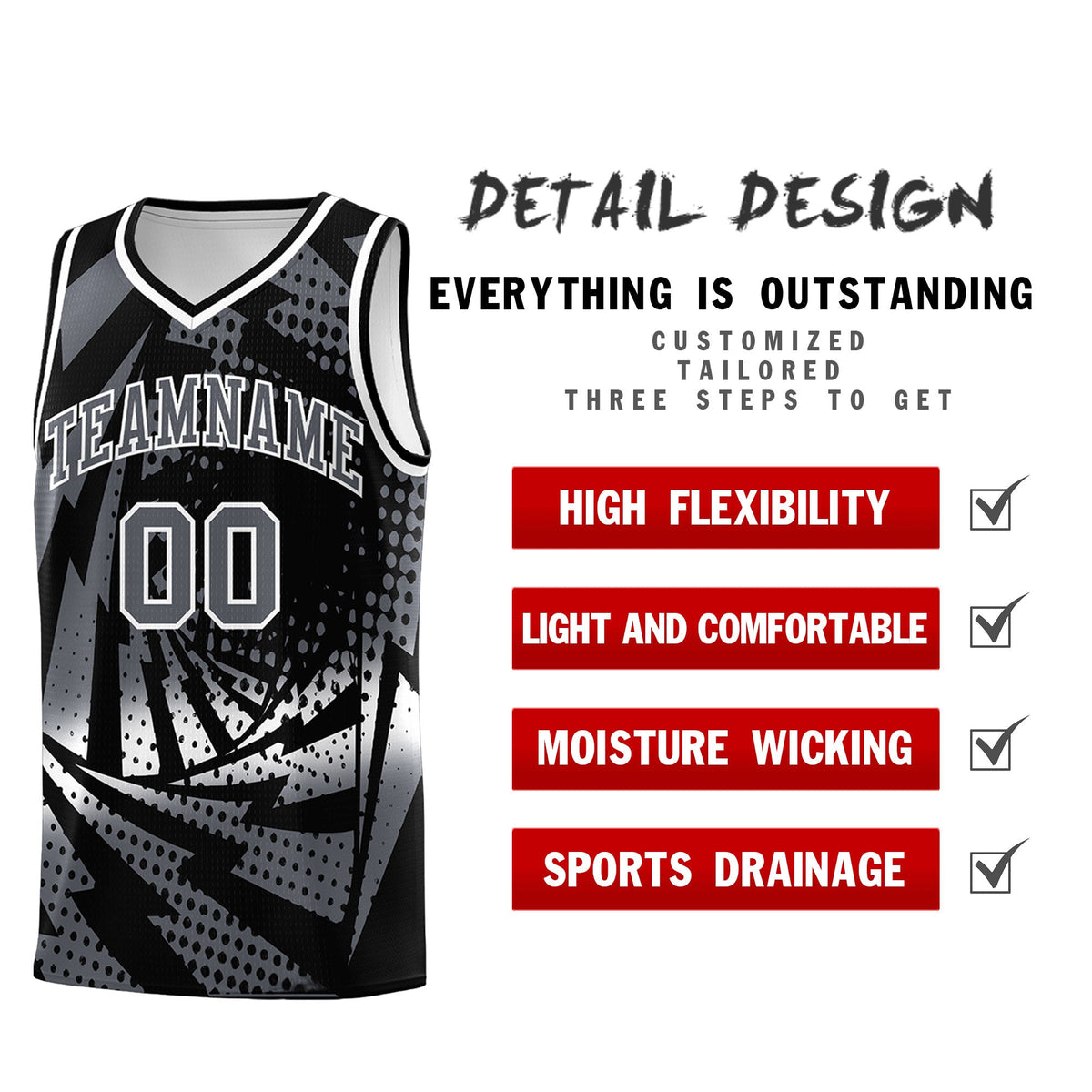 Custom Youth Basketball Jerseys Black Dark Gray Lightning Design Halftone Personalized Uniforms