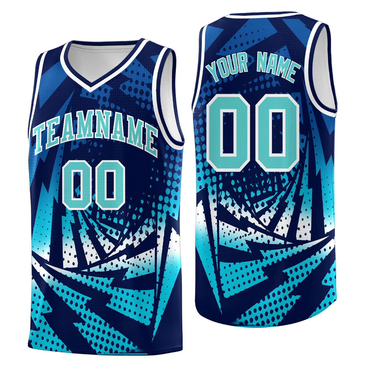 Custom Youth Basketball Jerseys Navy Sky Blue Lightning Halftone Personalized Team Uniforms