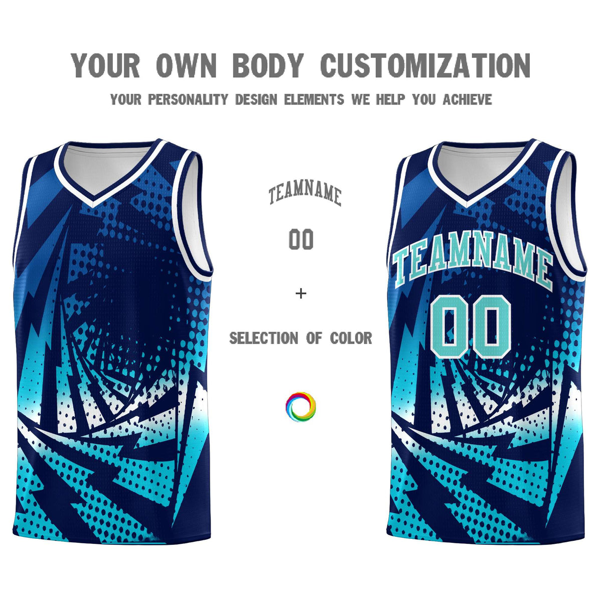 Custom Youth Basketball Jerseys Navy Sky Blue Lightning Halftone Personalized Team Uniforms