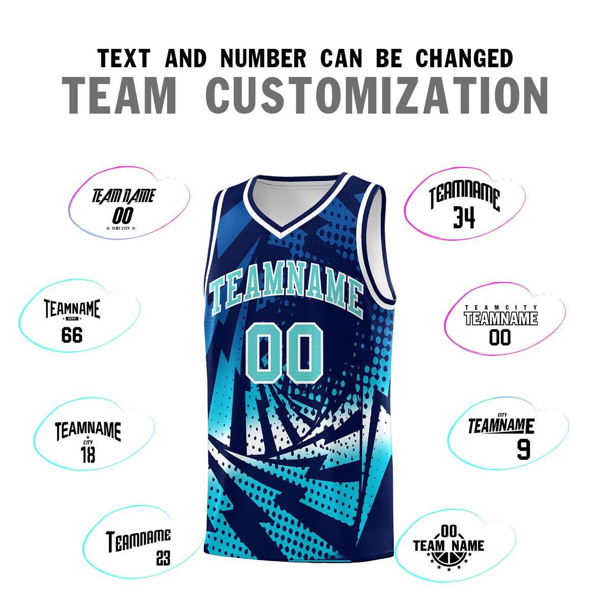 Custom Youth Basketball Jerseys Navy Sky Blue Lightning Halftone Personalized Team Uniforms