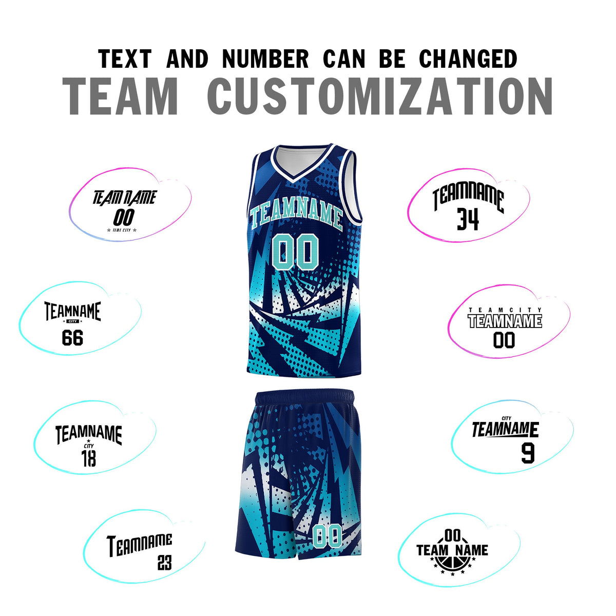 Custom Youth Basketball Jerseys Navy Sky Blue Lightning Halftone Personalized Team Uniforms
