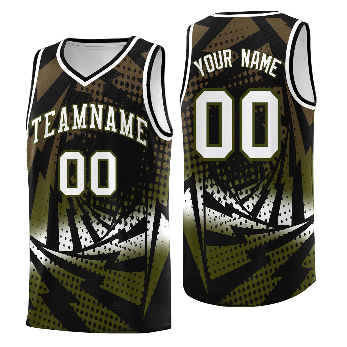 Custom Youth Basketball Jerseys Black Olive Lightning Design Halftone Personalized Uniforms