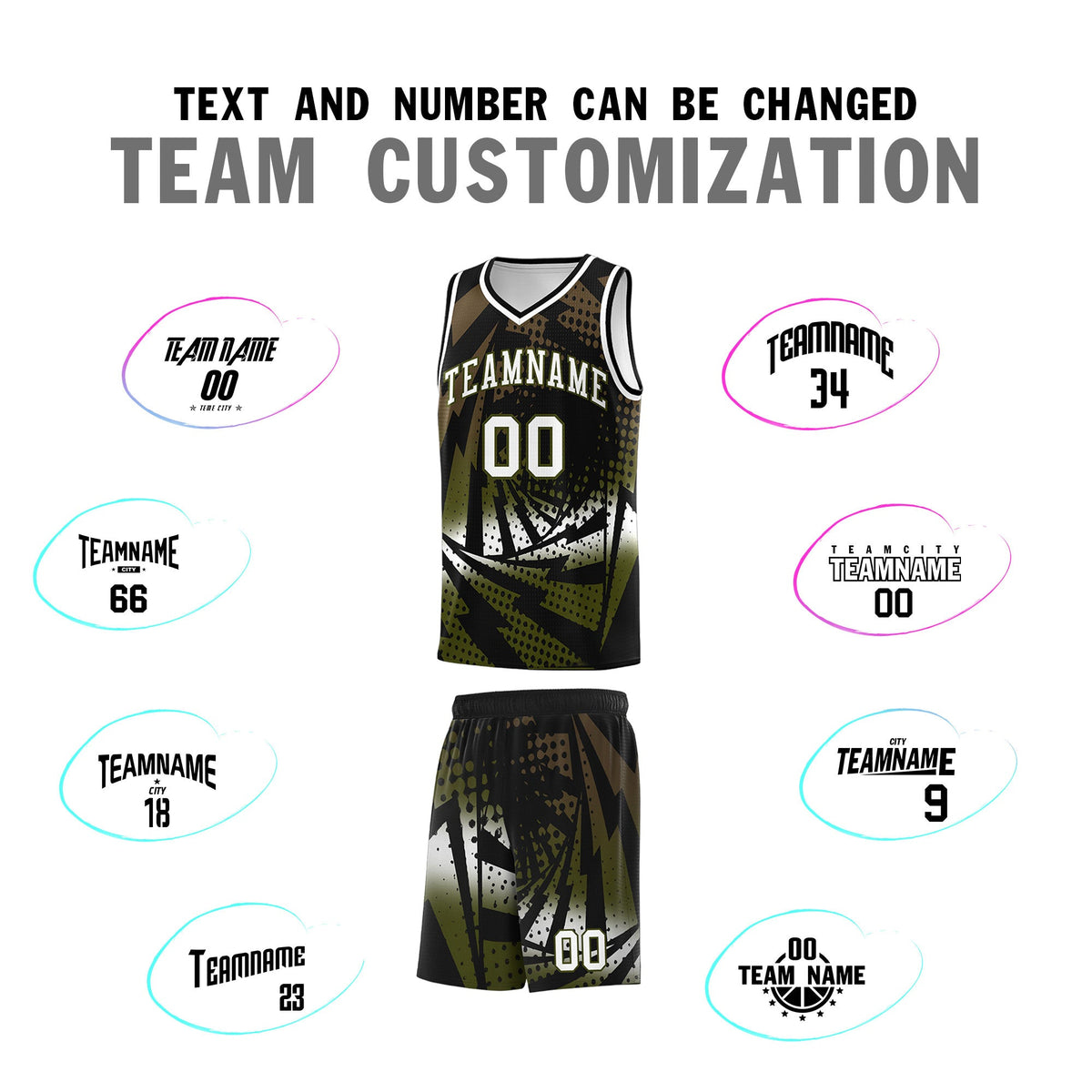 Custom Youth Basketball Jerseys Black Olive Lightning Design Halftone Personalized Uniforms
