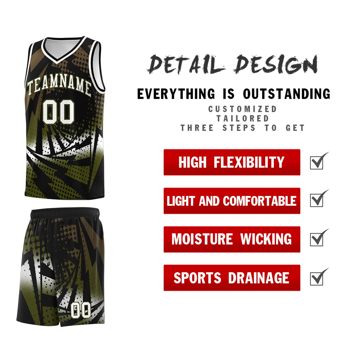 Custom Youth Basketball Jerseys Black Olive Lightning Design Halftone Personalized Uniforms