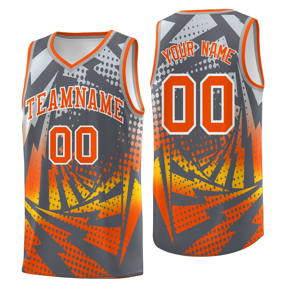 Custom Youth Basketball Jerseys Dark Gray Orange Lightning Design Halftone Personalized Uniforms
