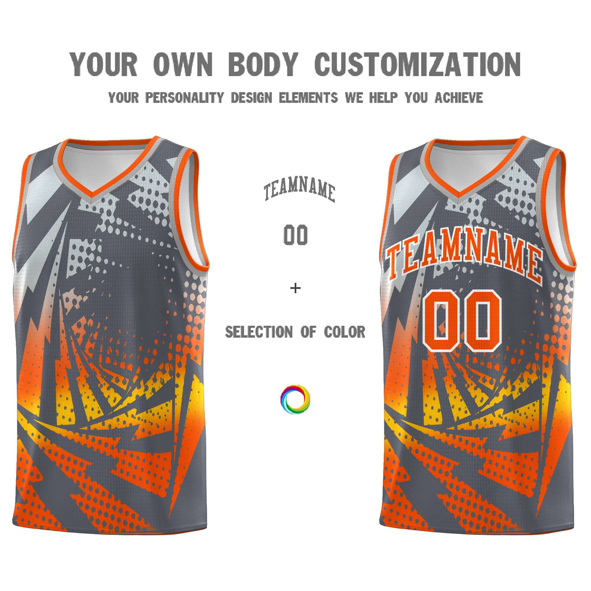 Custom Youth Basketball Jerseys Dark Gray Orange Lightning Design Halftone Personalized Uniforms