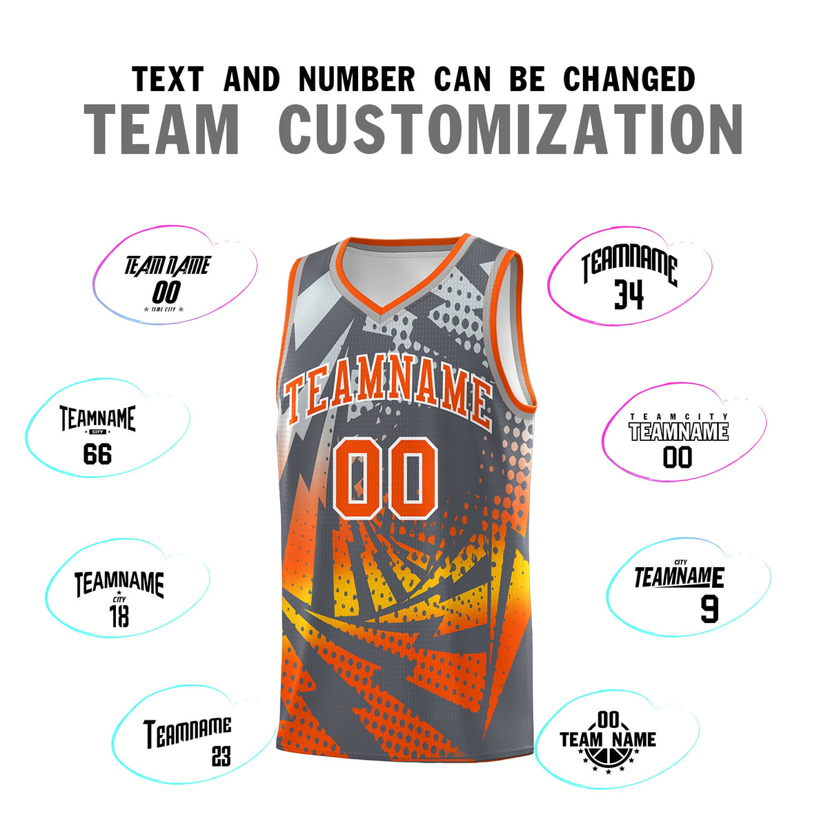 Custom Youth Basketball Jerseys Dark Gray Orange Lightning Design Halftone Personalized Uniforms