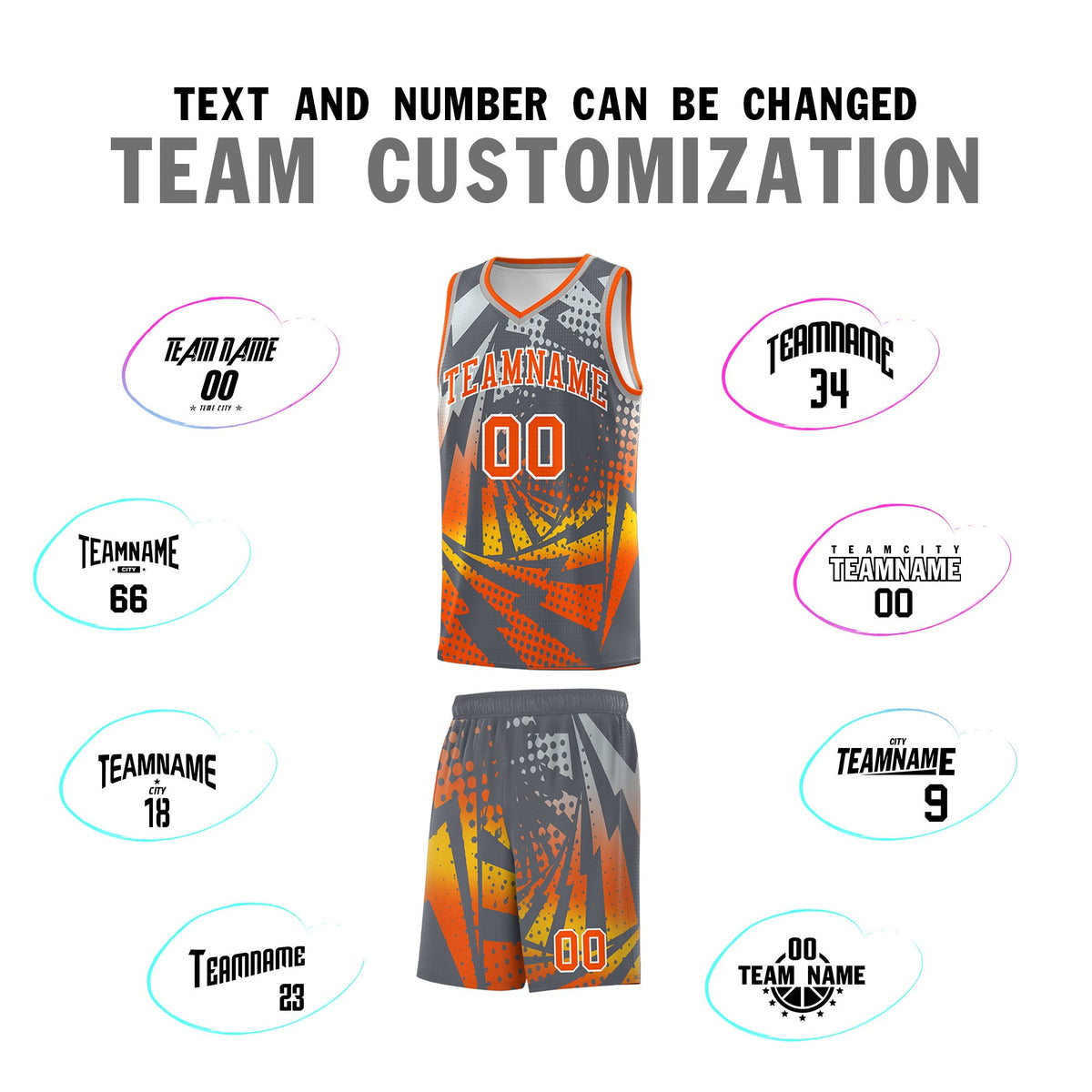 Custom Youth Basketball Jerseys Dark Gray Orange Lightning Design Halftone Personalized Uniforms