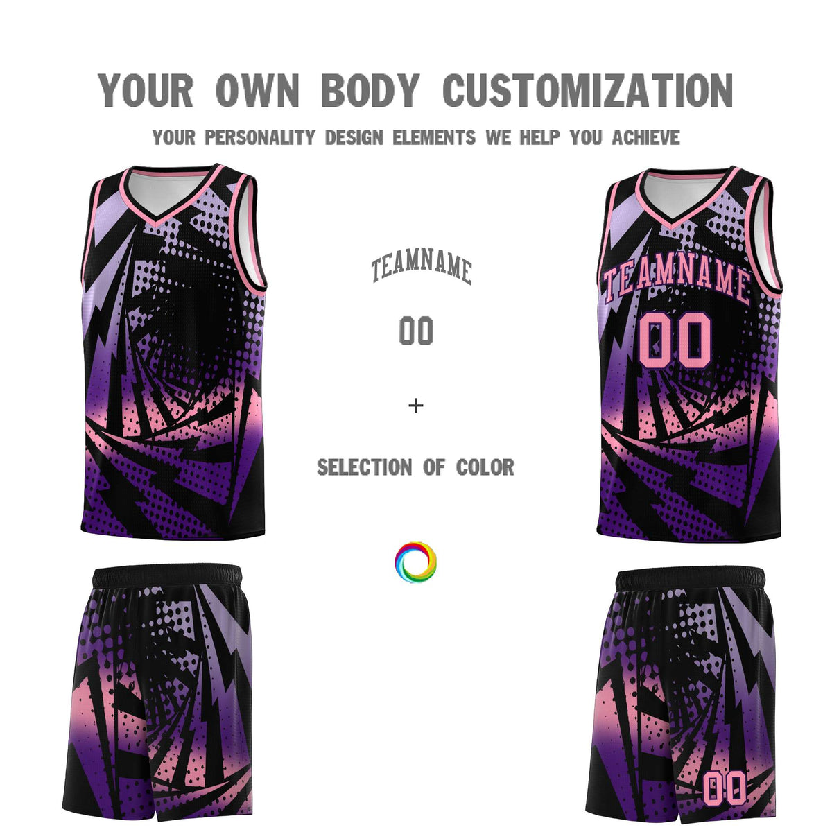 Custom Youth Basketball Jerseys Black Purple Lightning Halftone Personalized Team Uniforms