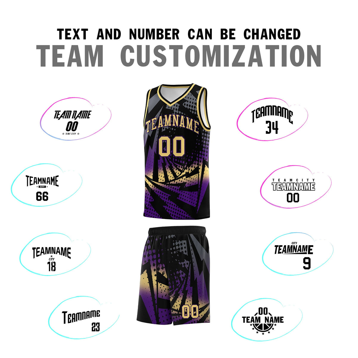 Custom Youth Basketball Jerseys Black Purple Lightning Design Halftone Personalized Uniforms