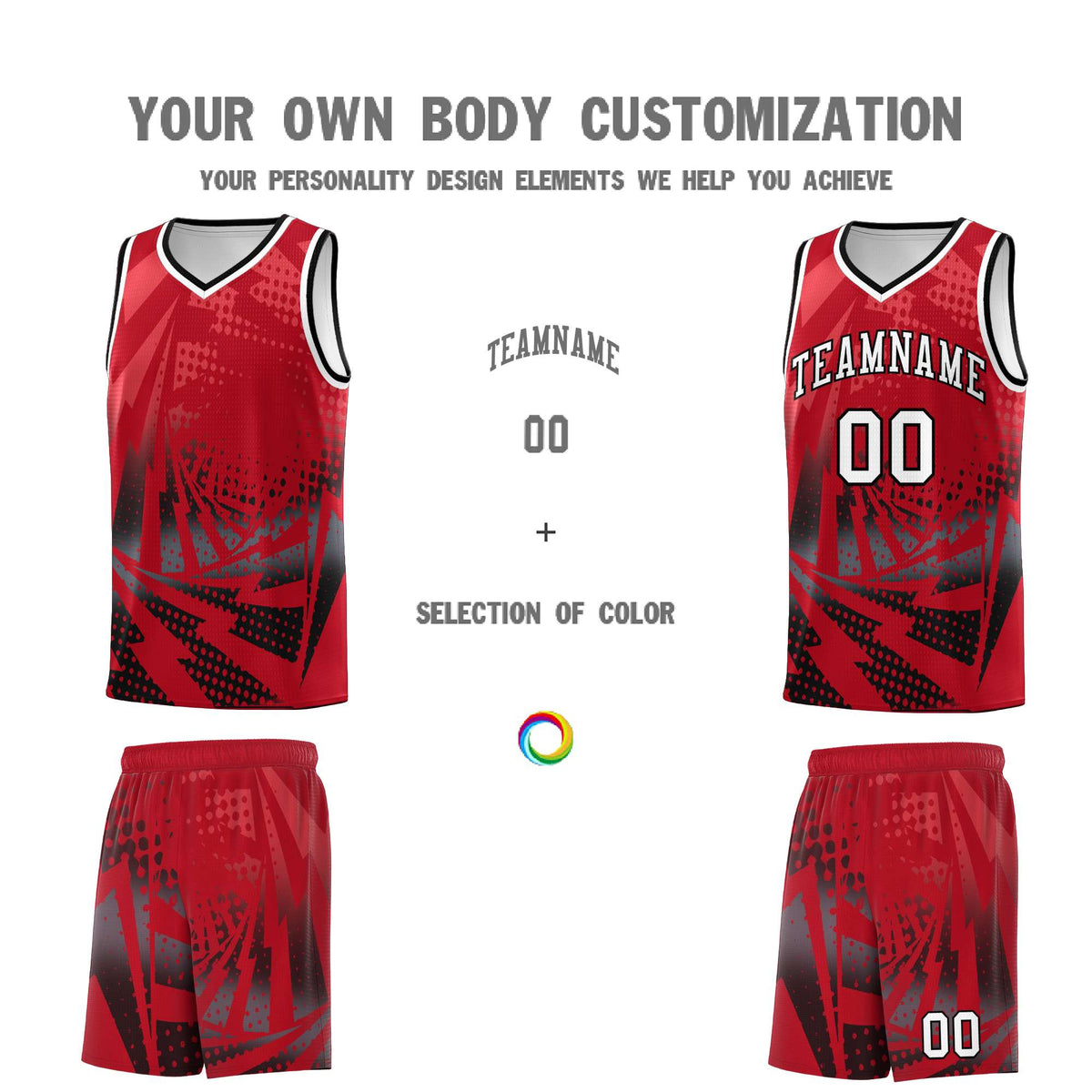 Custom Youth Basketball Jerseys Red Black Lightning Halftone Personalized Team Uniforms