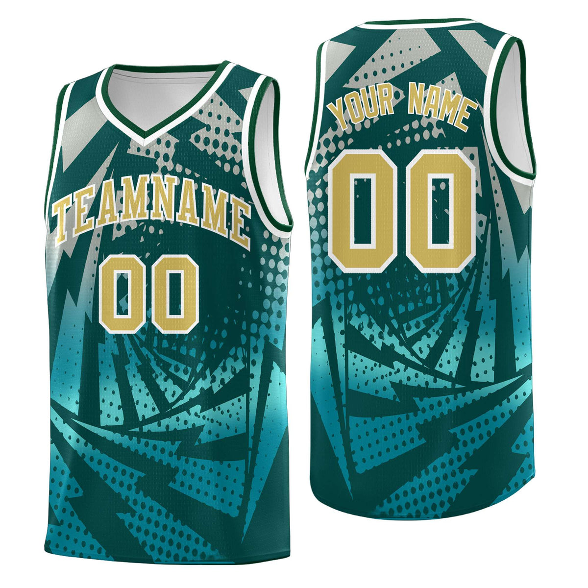 Custom Youth Basketball Jerseys Midnight Green Teal Lightning Halftone Personalized Team Uniforms