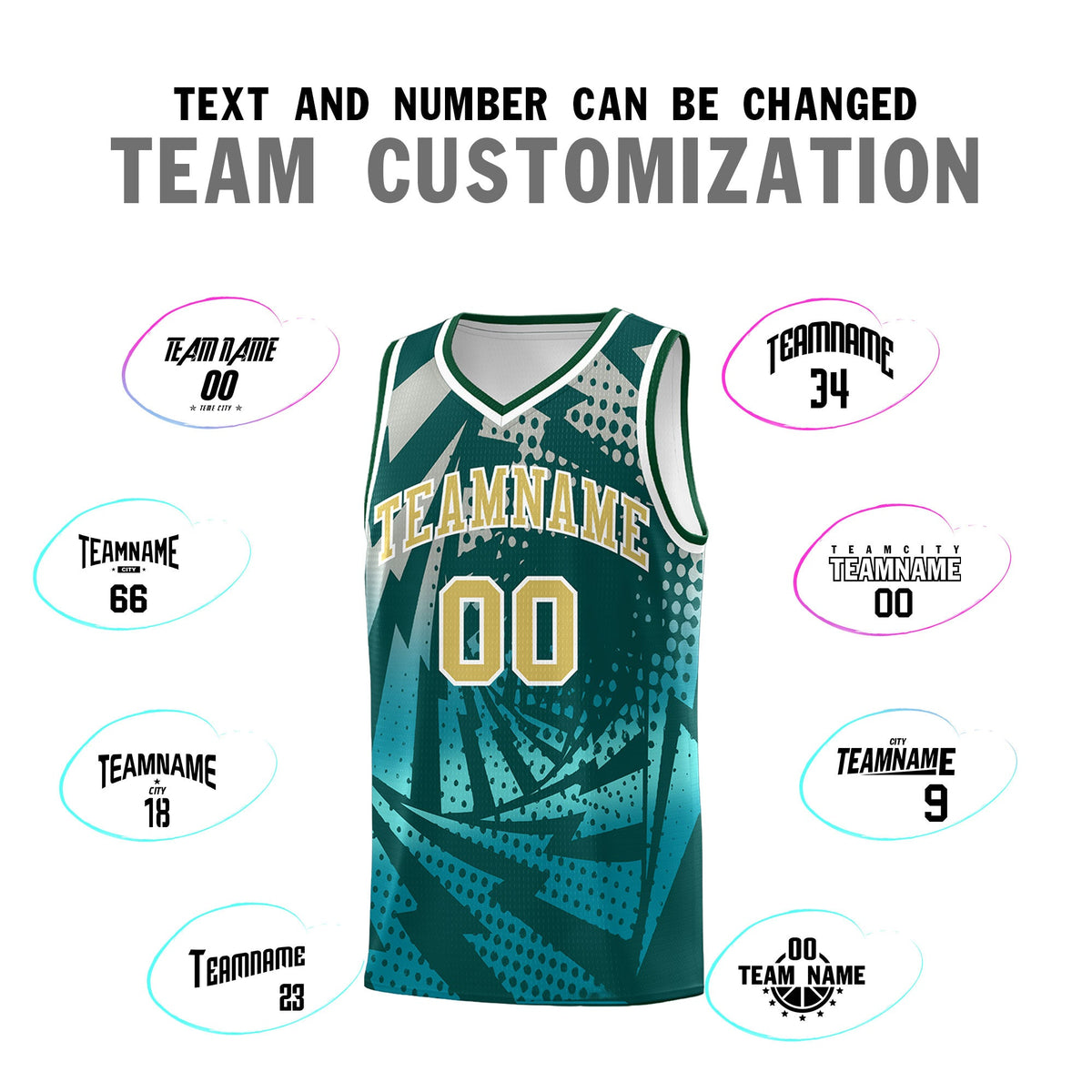 Custom Youth Basketball Jerseys Midnight Green Teal Lightning Halftone Personalized Team Uniforms