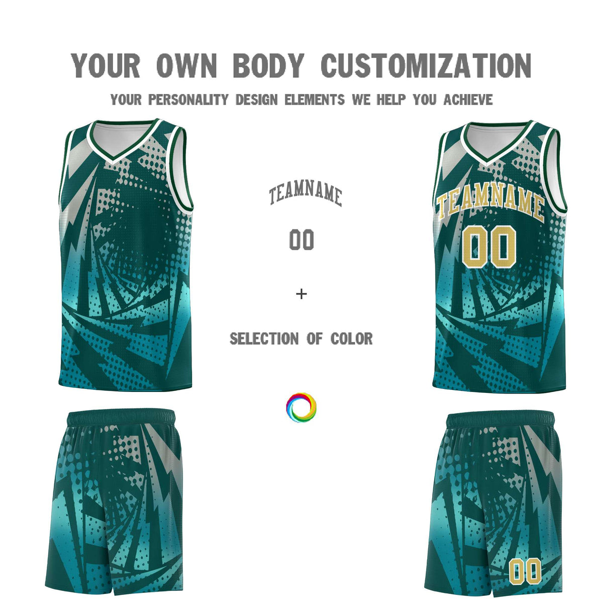 Custom Youth Basketball Jerseys Midnight Green Teal Lightning Halftone Personalized Team Uniforms