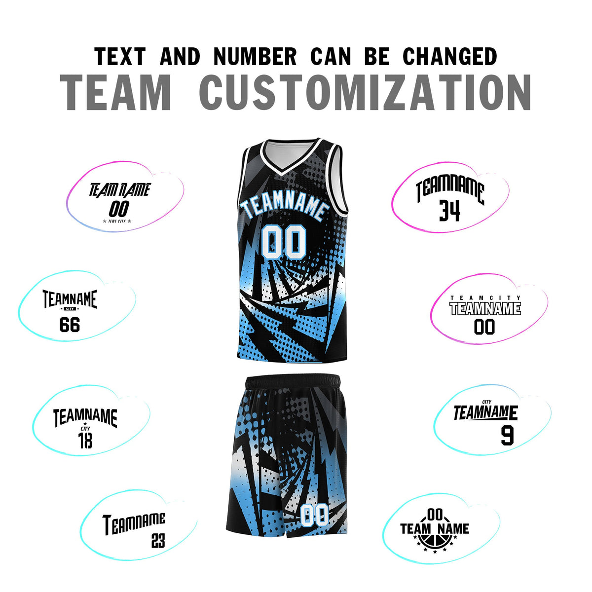 Custom Youth Basketball Jerseys Black Powder Blue Lightning Design Halftone Personalized Uniforms