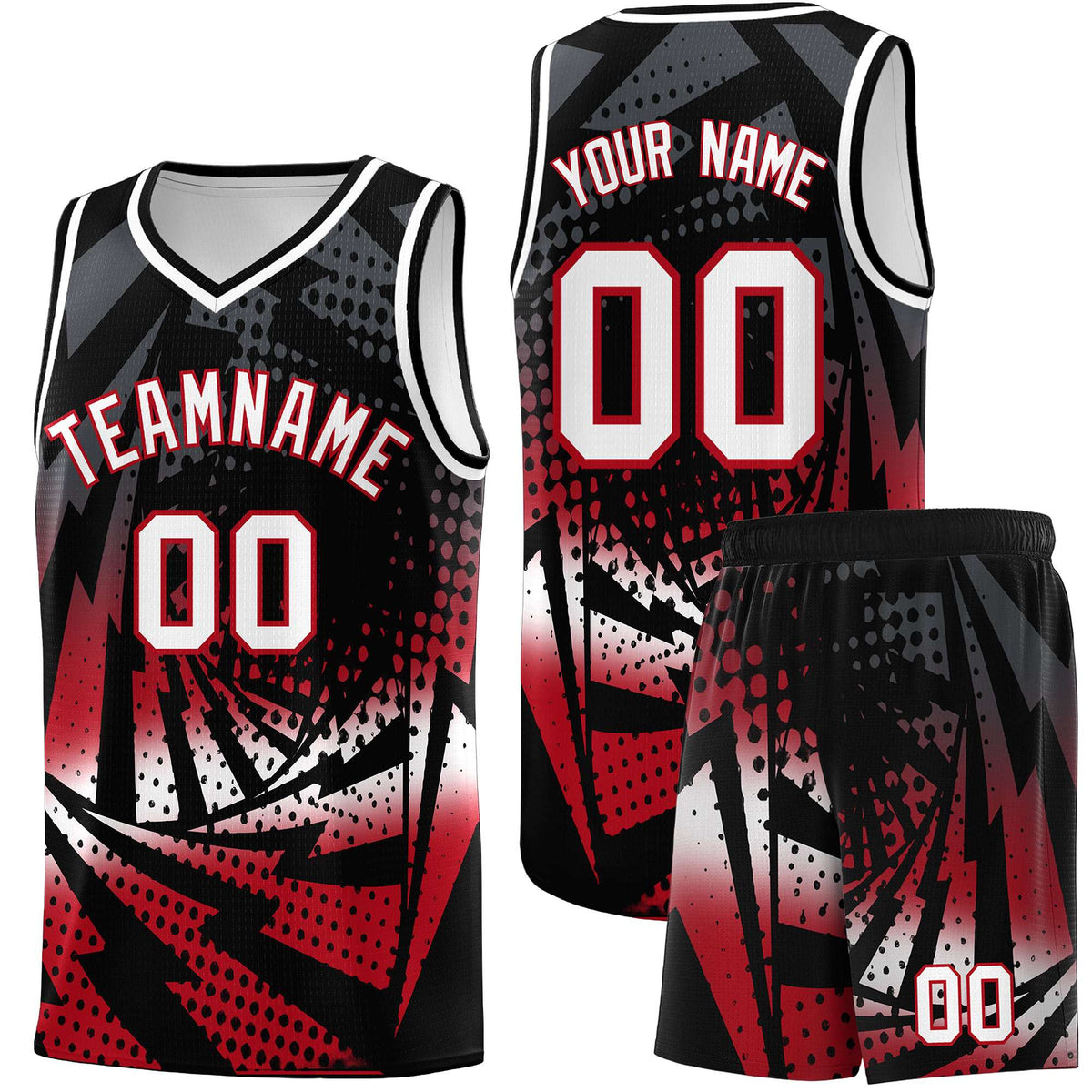 Custom Youth Basketball Jerseys Black Red Lightning Halftone Personalized Team Uniforms