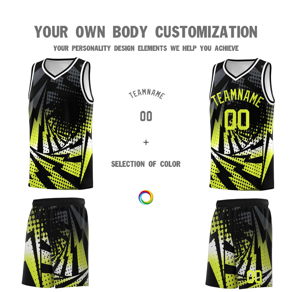 Custom Youth Basketball Jerseys Black Fluorescent Green Lightning Halftone Personalized Team Uniforms