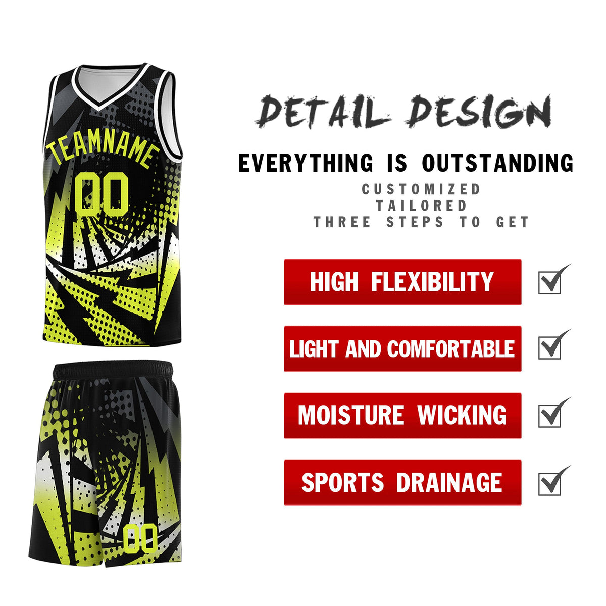Custom Youth Basketball Jerseys Black Fluorescent Green Lightning Halftone Personalized Team Uniforms