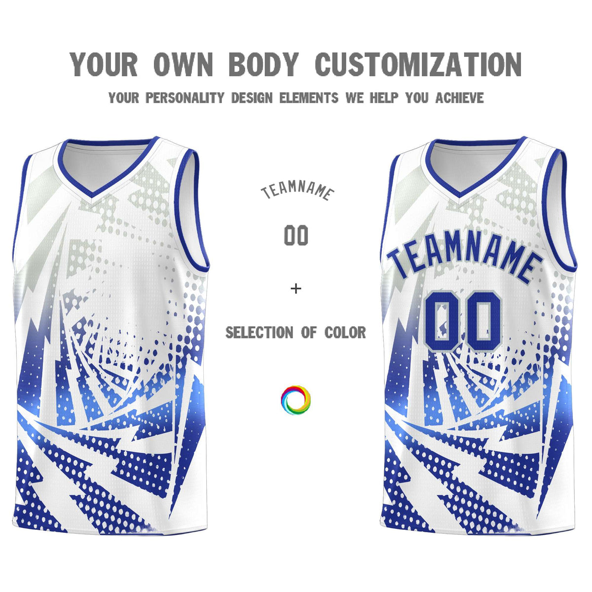 Custom Youth Basketball Jerseys White Royal Blue Lightning Design Halftone Personalized Uniforms