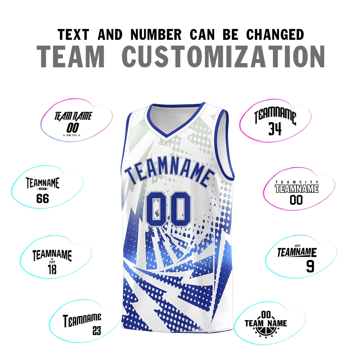Custom Youth Basketball Jerseys White Royal Blue Lightning Design Halftone Personalized Uniforms
