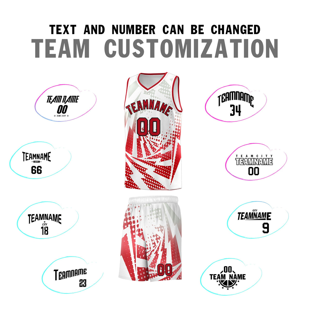 Custom Youth Basketball Jerseys White Red Lightning Halftone Personalized Team Uniforms