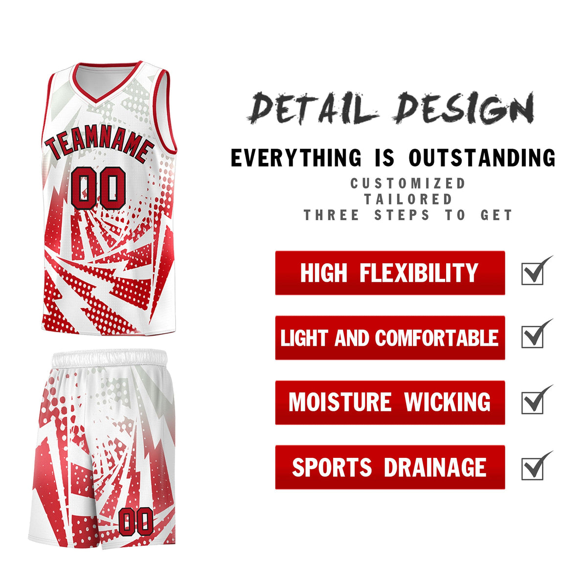 Custom Youth Basketball Jerseys White Red Lightning Halftone Personalized Team Uniforms