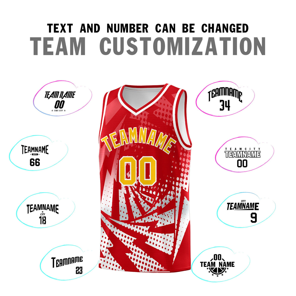 Custom Youth Basketball Jerseys Red White Lightning Halftone Personalized Team Uniforms