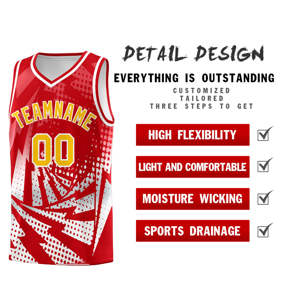 Custom Youth Basketball Jerseys Red White Lightning Halftone Personalized Team Uniforms