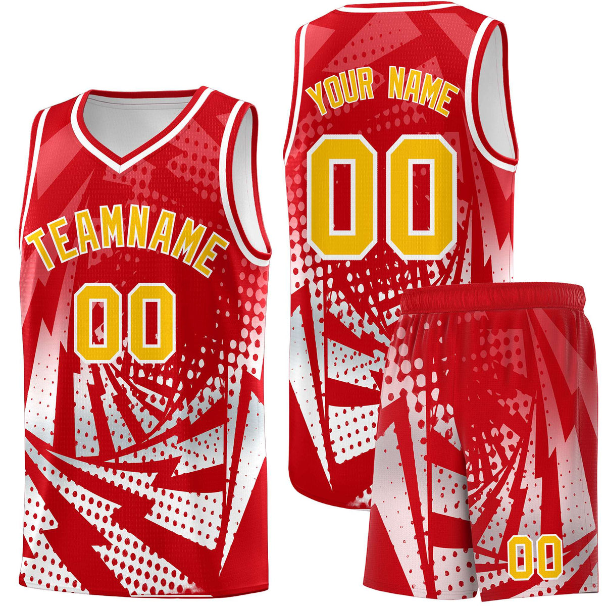 Custom Youth Basketball Jerseys Red White Lightning Halftone Personalized Team Uniforms