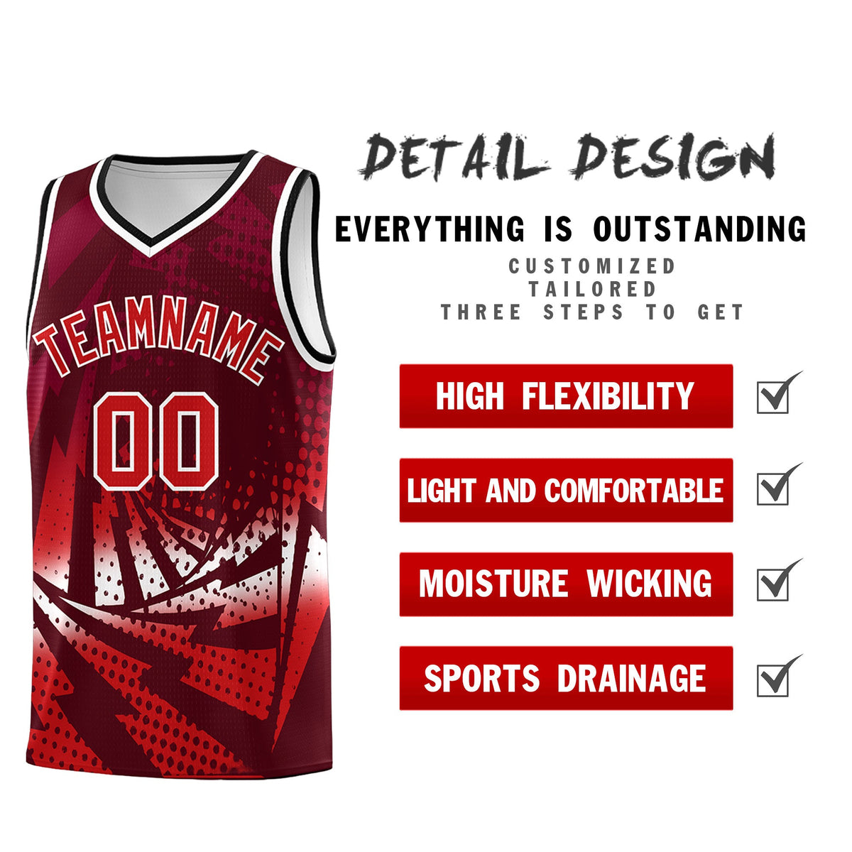 Custom Youth Basketball Jerseys Maroon Red Lightning Halftone Personalized Team Uniforms