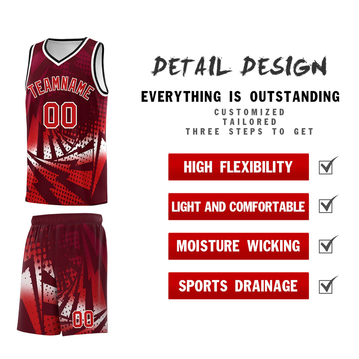 Custom Youth Basketball Jerseys Maroon Red Lightning Halftone Personalized Team Uniforms