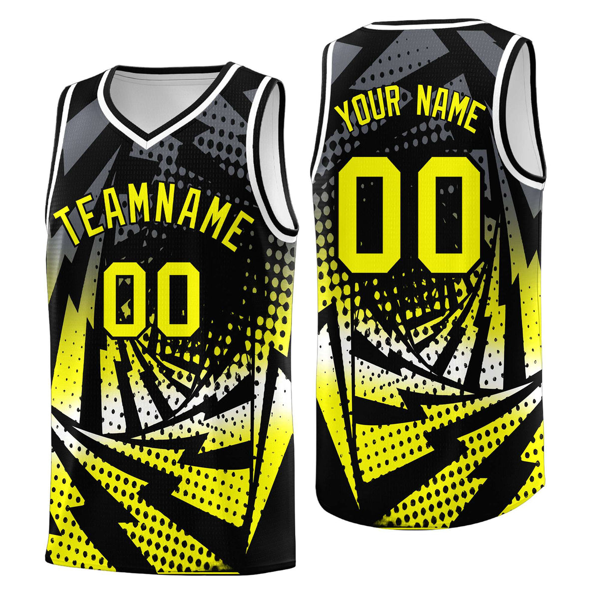 Custom Youth Basketball Jerseys Black Fluorescent Yellow Lightning Design Halftone Personalized Uniforms