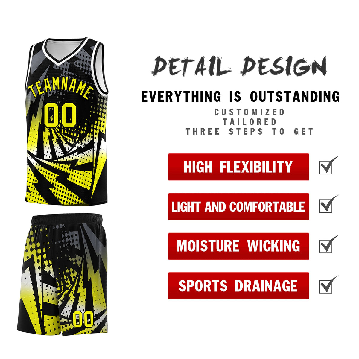 Custom Youth Basketball Jerseys Black Fluorescent Yellow Lightning Design Halftone Personalized Uniforms