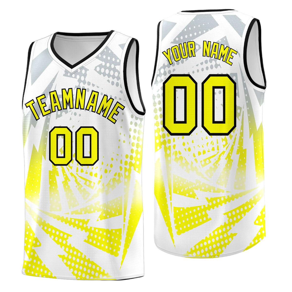 Custom Youth Basketball Jerseys White Fluorescent Yellow Lightning Halftone Personalized Team Uniforms