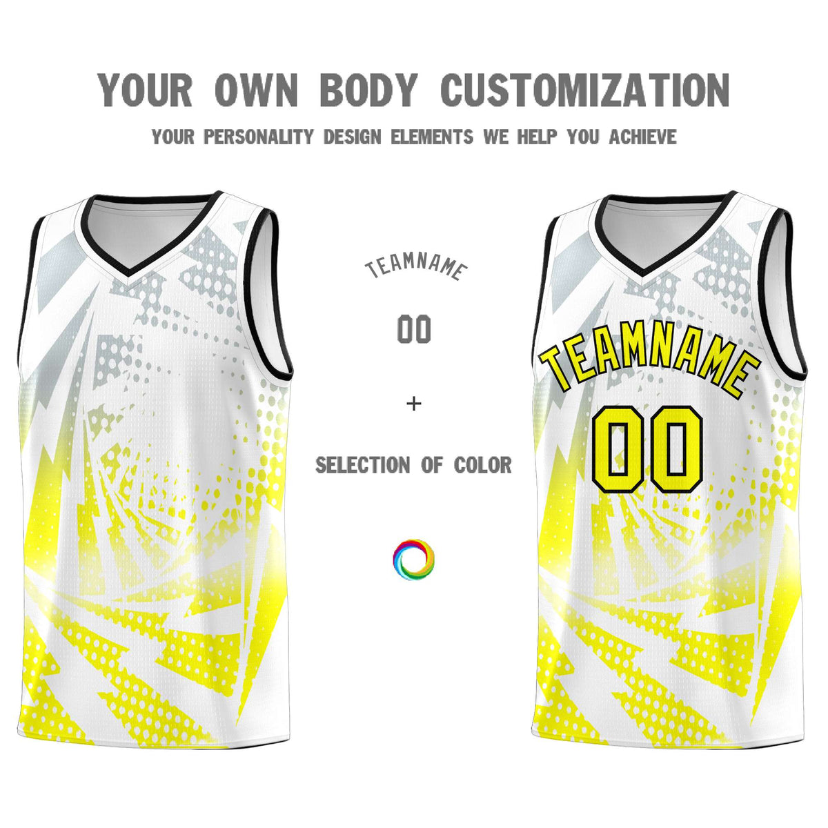 Custom Youth Basketball Jerseys White Fluorescent Yellow Lightning Halftone Personalized Team Uniforms