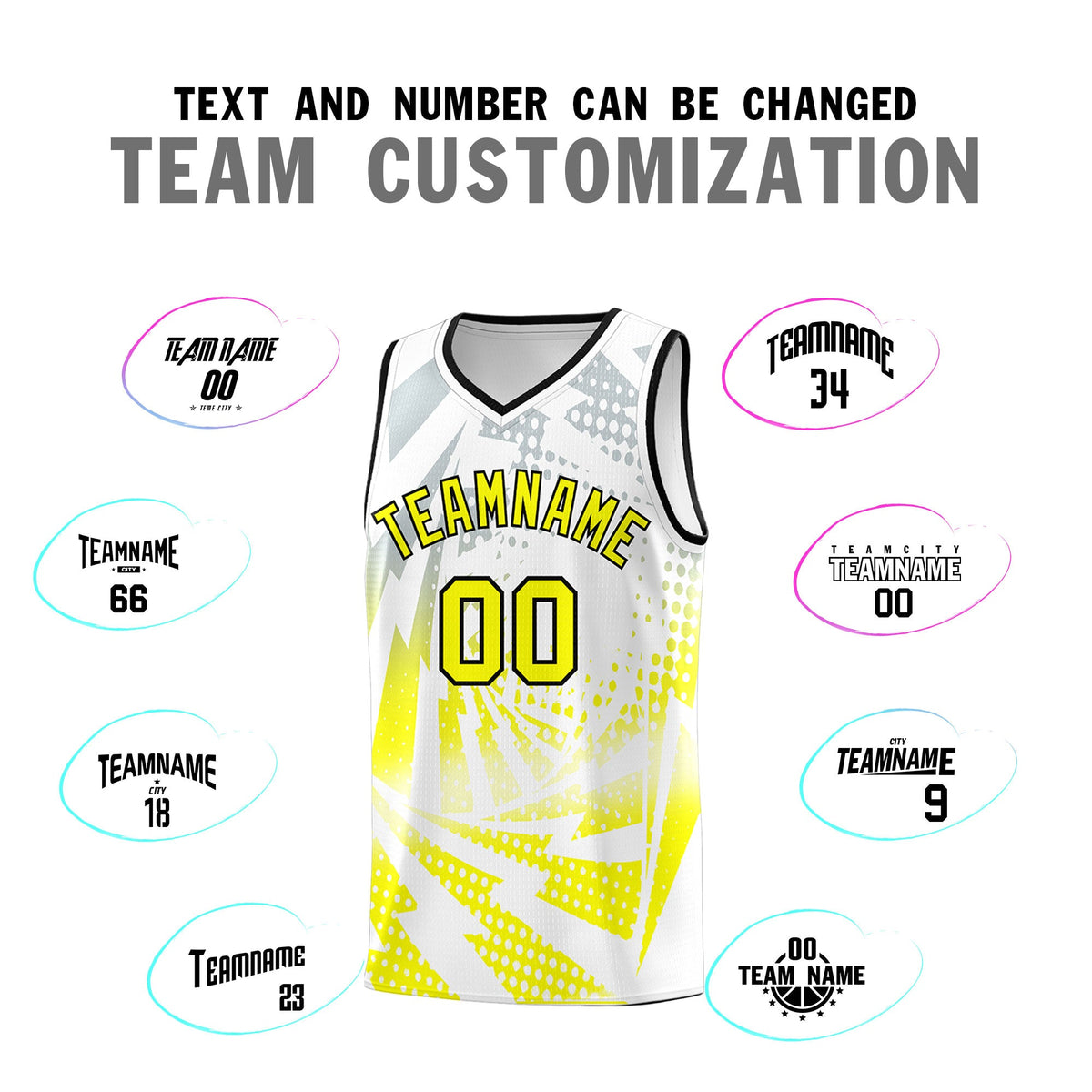 Custom Youth Basketball Jerseys White Fluorescent Yellow Lightning Halftone Personalized Team Uniforms
