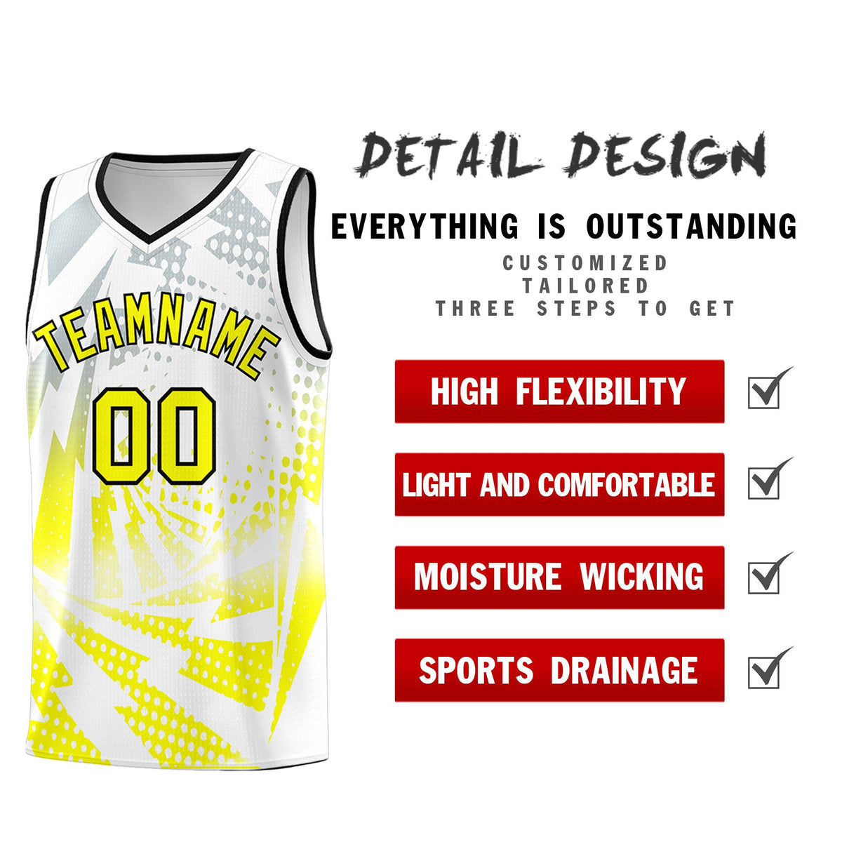 Custom Youth Basketball Jerseys White Fluorescent Yellow Lightning Halftone Personalized Team Uniforms