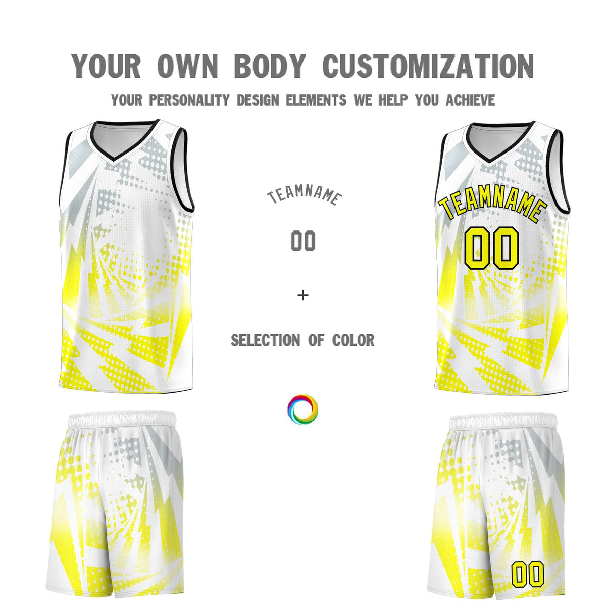 Custom Youth Basketball Jerseys White Fluorescent Yellow Lightning Halftone Personalized Team Uniforms
