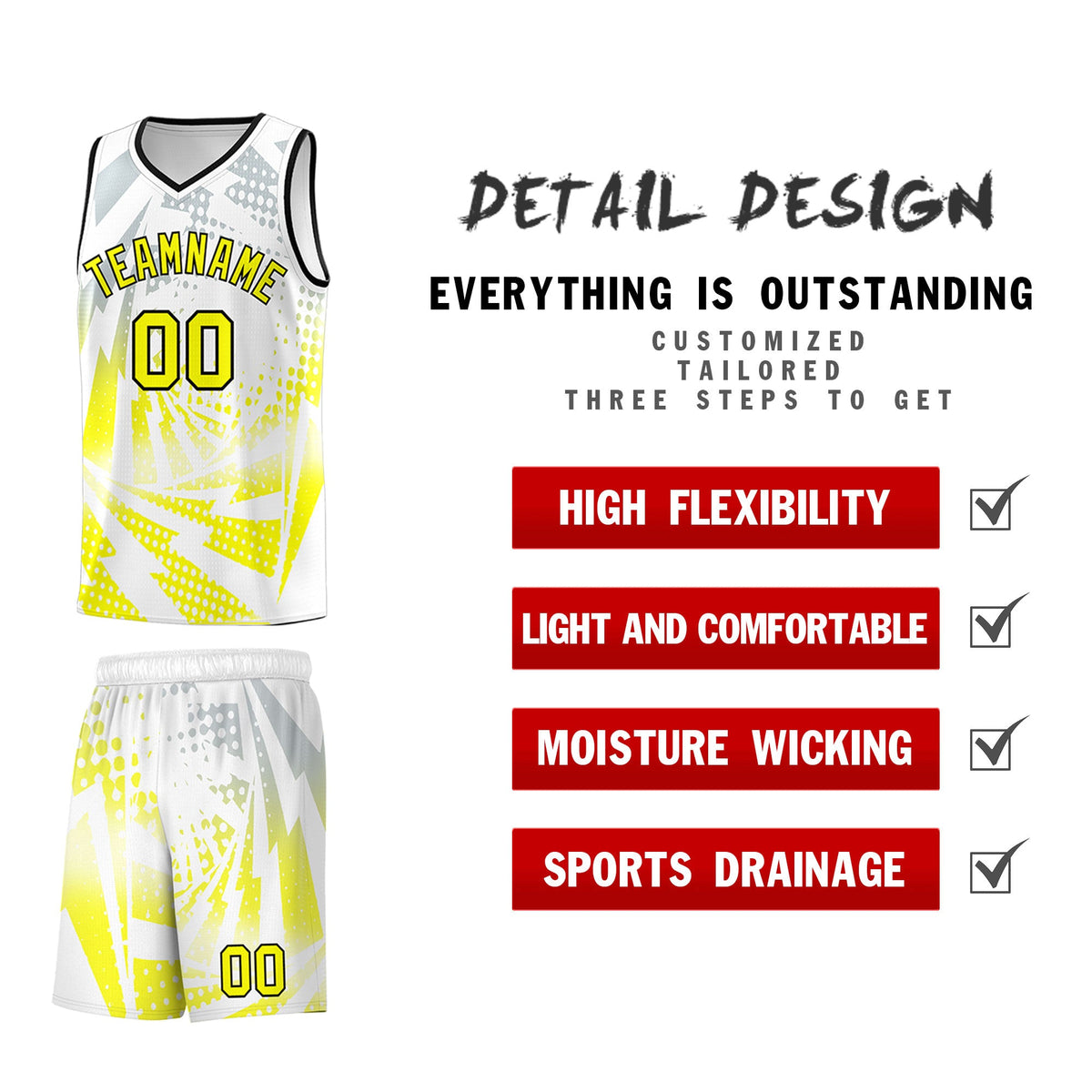 Custom Youth Basketball Jerseys White Fluorescent Yellow Lightning Halftone Personalized Team Uniforms
